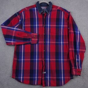 Vintage 90s American Eagle Shirt Men L Red Blue Plaid Denim Button Down Workwear